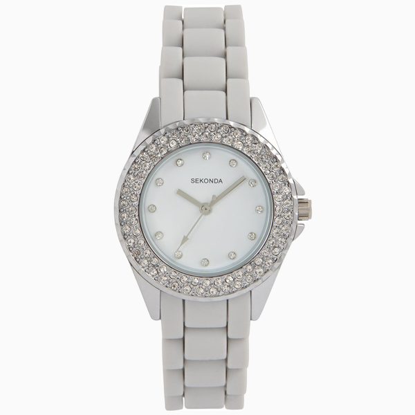 Ladies Watch  –  Silver Alloy Case & Grey Silicone Strap with White Dial