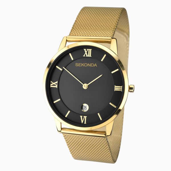 Minimal Men’s Watch  –  Gold Case & Stainless Steel Mesh Bracelet with Black Dial 2