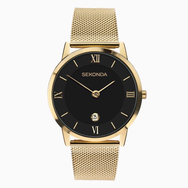 Minimal Men’s Watch  –  Gold Case & Stainless Steel Mesh Bracelet with Black Dial