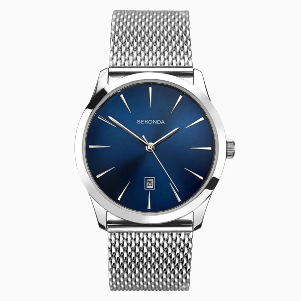 Minimal Men’s Watch  –  Silver Case & Stainless Steel Mesh Bracelet with Blue Dial