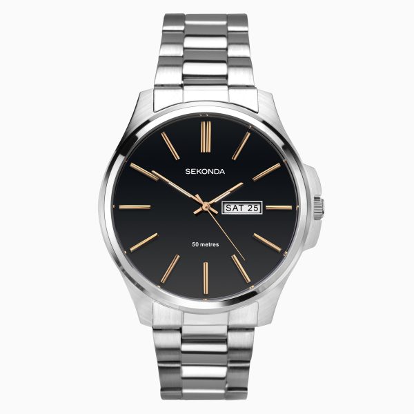 Classic Men’s Watch  –  Silver Case & Stainless Steel Bracelet with Black Dial