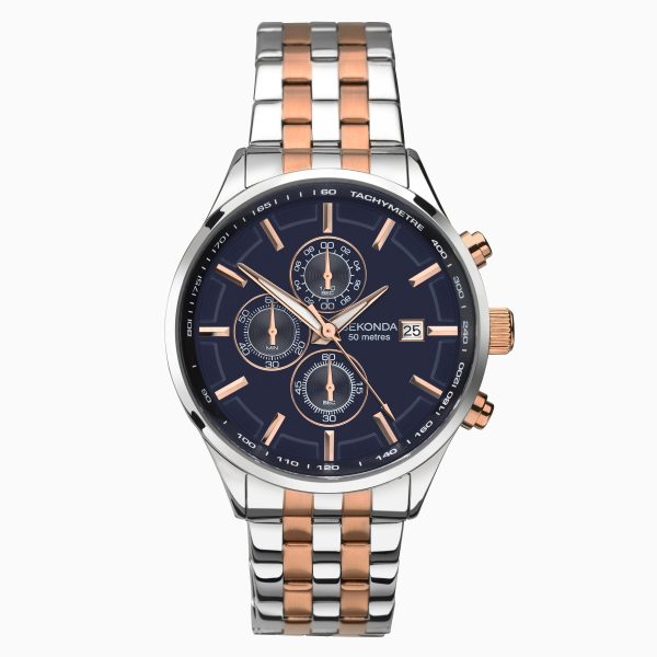 Sports Chronograph Men’s Watch  –  Two Tone Case & Stainless Steel Bracelet with Navy Dial