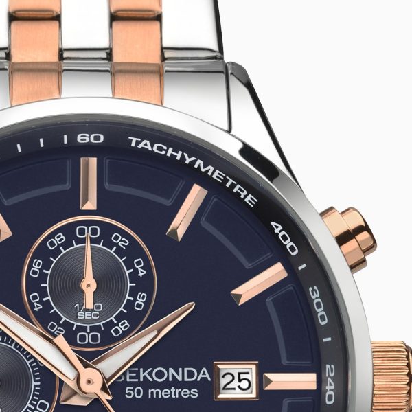 Sports Chronograph Men’s Watch  –  Two Tone Case & Stainless Steel Bracelet with Navy Dial 4