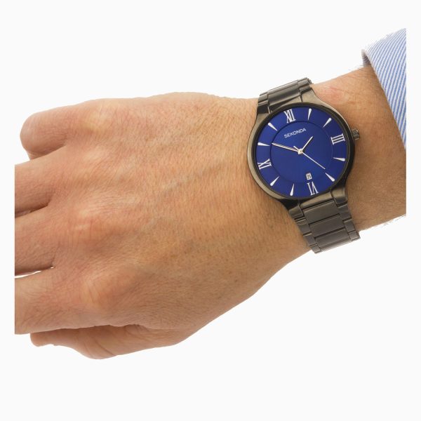 Classic Men’s Watch  –  Gun Metal Case & Stainless Steel Bracelet with Blue Dial 4