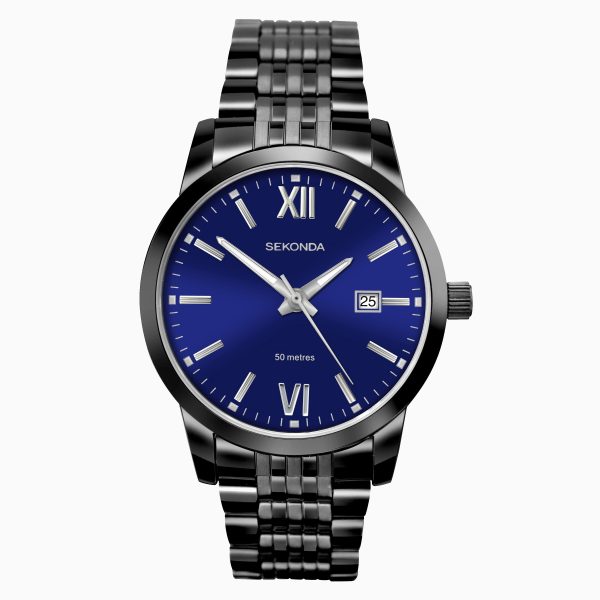 Men’s Watch  –  Black Case & Stainless Steel Bracelet with Blue Dial