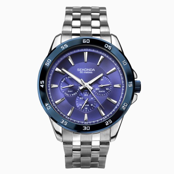 Sports Men’s Watch  –  Silver Case & Stainless Steel Bracelet with Navy Dial