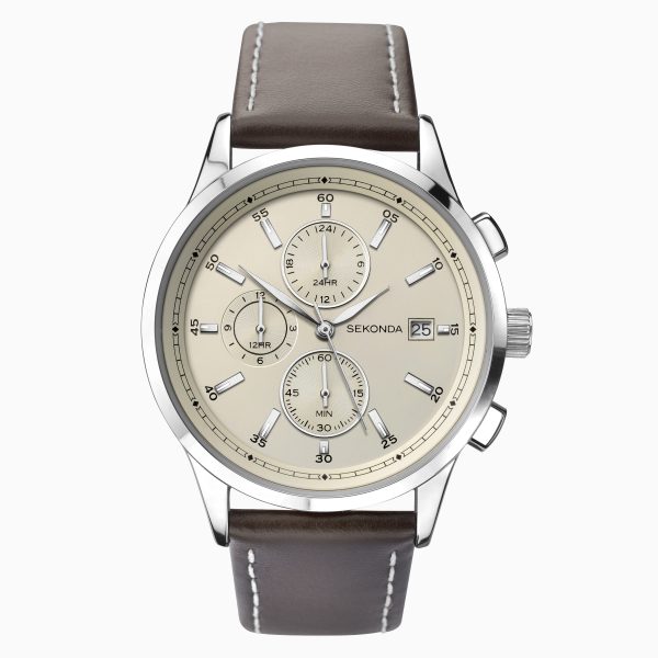 Men’s Watch  –  Silver Case & Leather Strap with Champagne Dial