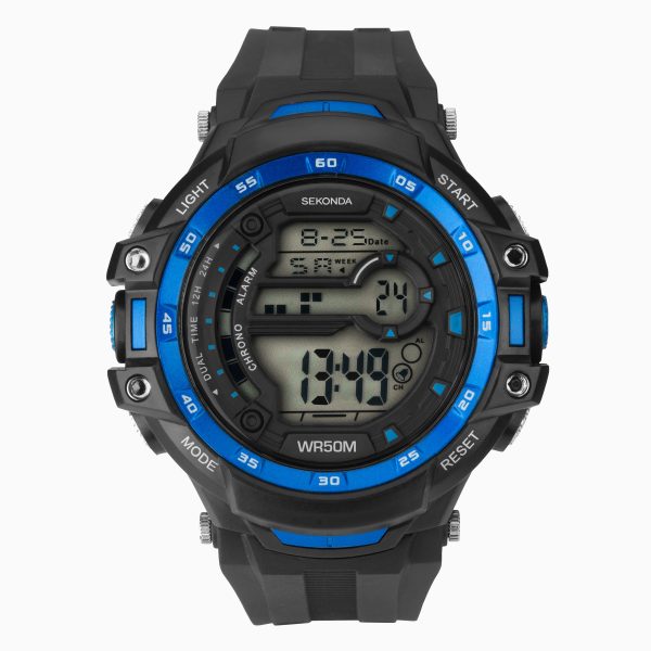 Digital Men’s Watch  –  Black and Blue Case & Plastic Strap with Dial