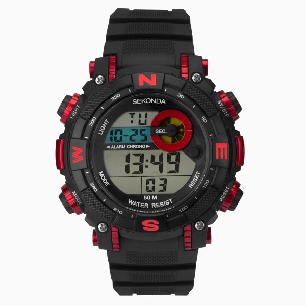 Digital Men’s Watch  –  Black & Red Case & Plastic Strap with Black Dial