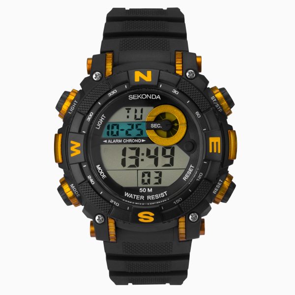 Digital Men’s Watch  –  Black and Yellow Case & Plastic Strap with Dial