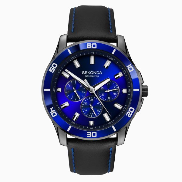 Sports Men’s Watch  –  Gun Metal Case & Leather Strap with Blue Dial