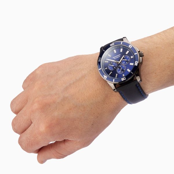 Sports Men’s Watch  –  Gun Metal Case & Leather Strap with Blue Dial 4