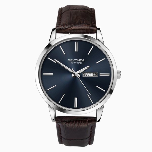 Classic Men’s Watch  –  Silver Case & Leather Upper Strap with Blue Dial