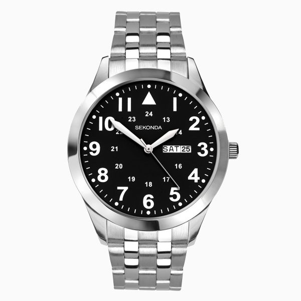 Pilot Men’s Watch  –  Silver Case & Stainless Steel Bracelet with Black Dial
