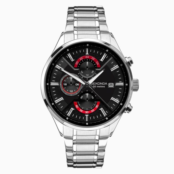 Men’s Watch  –  Silver Case & Stainless Steel Bracelet with Black Dial