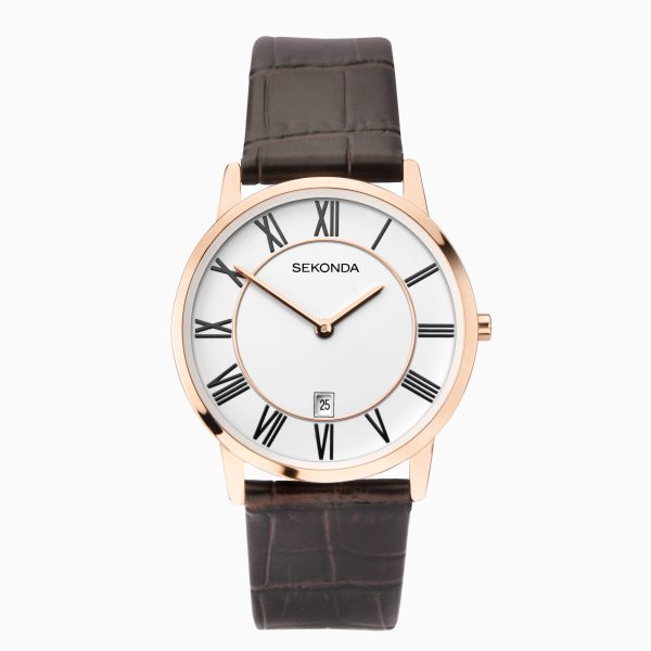 Men’s Watch  –  Rose Gold Case & Leather Strap with White Dial