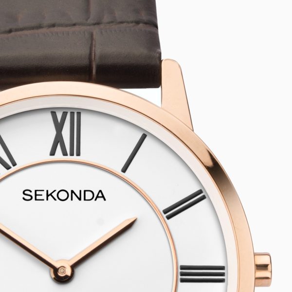 Men’s Watch  –  Rose Gold Case & Leather Strap with White Dial 3