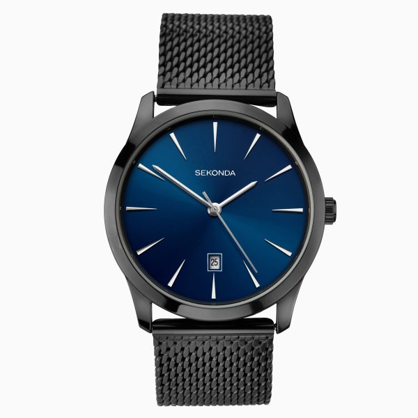 Minimal Men’s Watch  –  Black Case & Stainless Steel Bracelet with Blue Dial