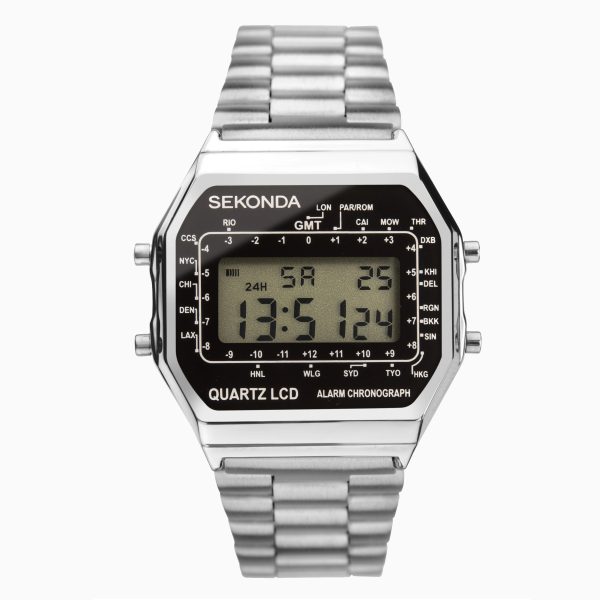 Retro Digital Men’s Watch  –  Silver Case & Stainless Steel Bracelet with Black Dial