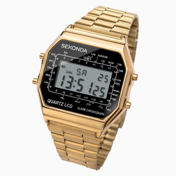 Retro Digital Men’s Watch  –  Gold Case & Stainless Steel Bracelet with Black Dial 2