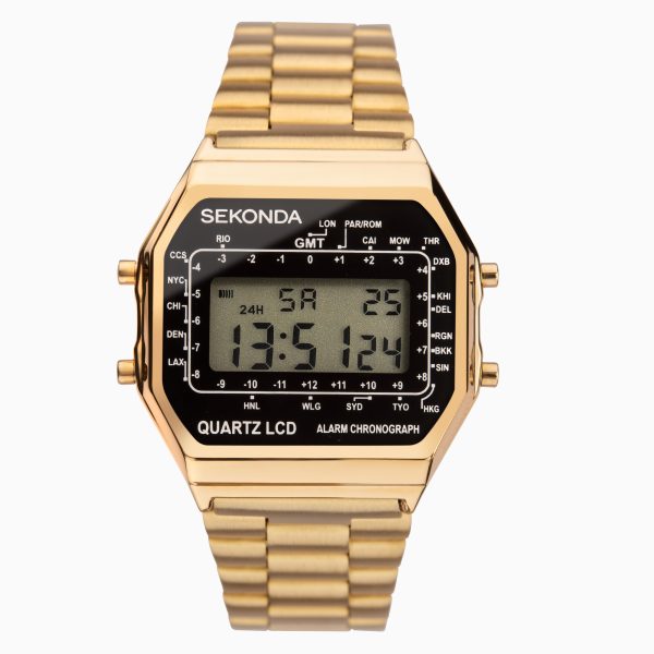 Retro Digital Men’s Watch  –  Gold Case & Stainless Steel Bracelet with Black Dial