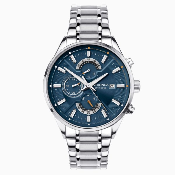 Sports Dual Time Men’s Watch  –  Silver Case & Stainless Steel Bracelet with Blue Dial