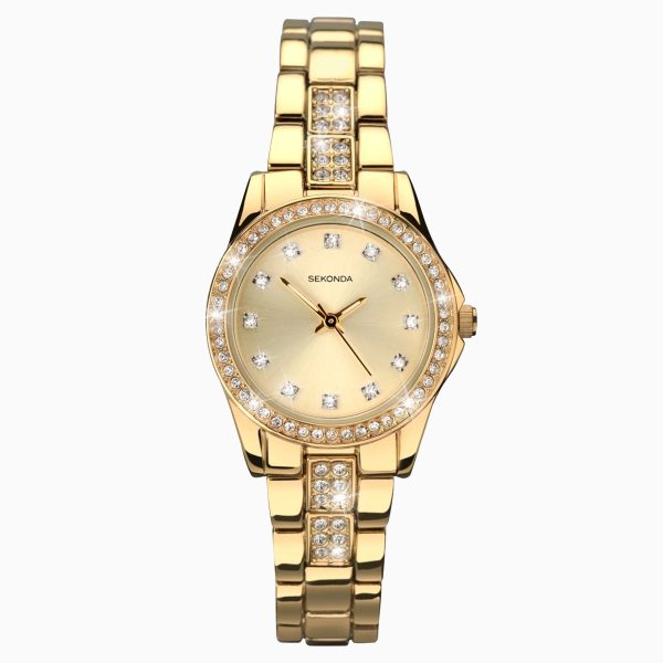 Day To Night Ladies Watch  –  Gold Case & Alloy Bracelet with Champagne Dial