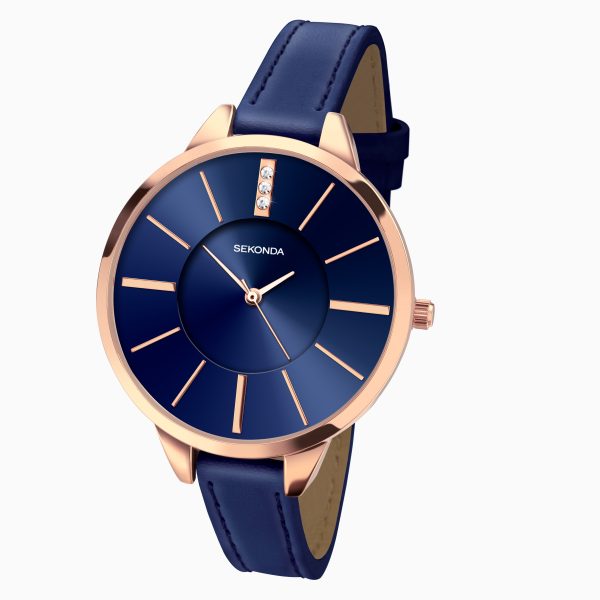 Classic Ladies Watch  –  Rose Gold Case & PU Strap with Blue Dial 2
