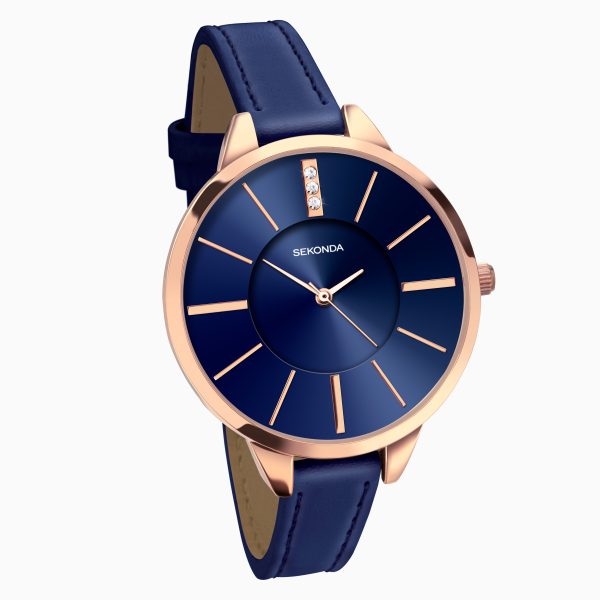 Classic Ladies Watch  –  Rose Gold Case & PU Strap with Blue Dial 3