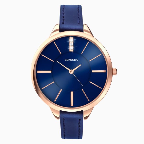 Classic Ladies Watch  –  Rose Gold Case & PU Strap with Blue Dial