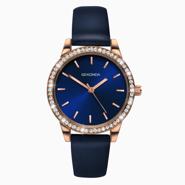 Day To Night Ladies Watch  –  Rose Gold Case & PU Strap with Blue Dial