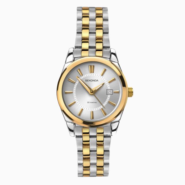 Classic Ladies Watch  –  Two Tone Case & Stainless Steel Bracelet with Silver White Dial
