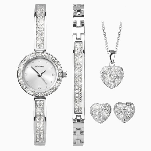 Ladies Watch 4-Piece Silver Heart Gift Set  –  Silver Case & Alloy Bracelet with Silver Dial