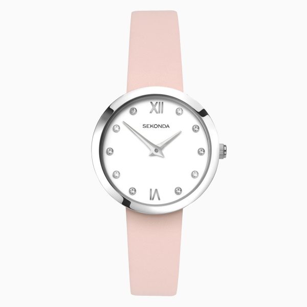 Ladies Watch  –  Silver Case & Leather Strap with White Dial