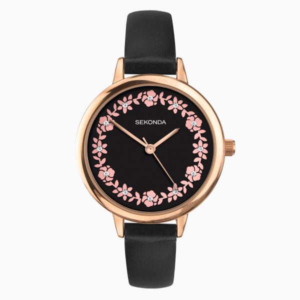 Ladies Watch  –  Rose Gold Case & PU Strap with Black Dial