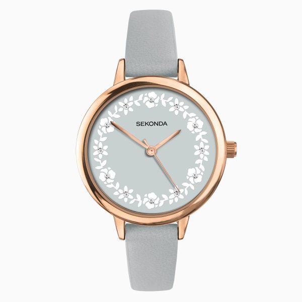 Ladies Watch  –  Rose Gold Case & PU Strap with Grey Dial