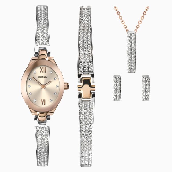 Ladies Watch Crystal Rose Gift Set  –  Rose Gold Case & Alloy Bracelet with Rose Gold Dial