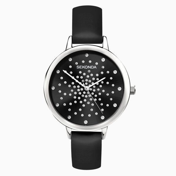 Ladies Watch  –  Silver Case & PU Strap with Black Dial