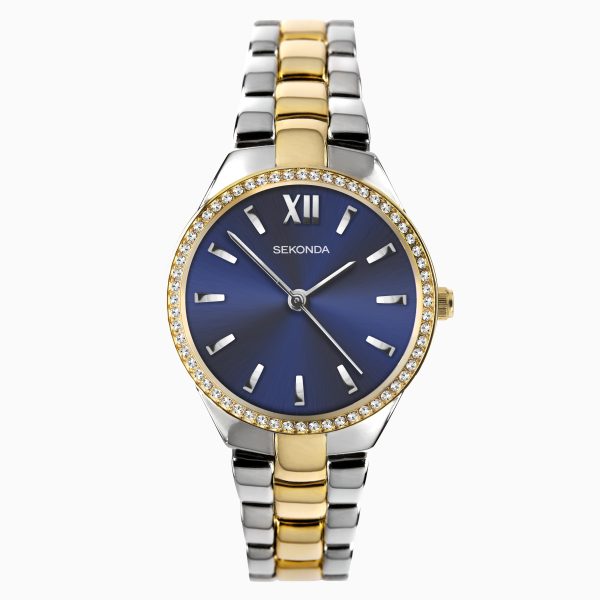 Day To Night Ladies Watch  –  Two Tone Case & Alloy Bracelet with Blue Dial