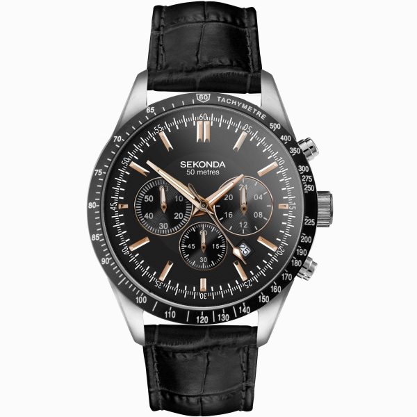 Velocity Chronograph Men’s Watch  –  Stainless Steel Case & Black Leather Strap with Black Dial