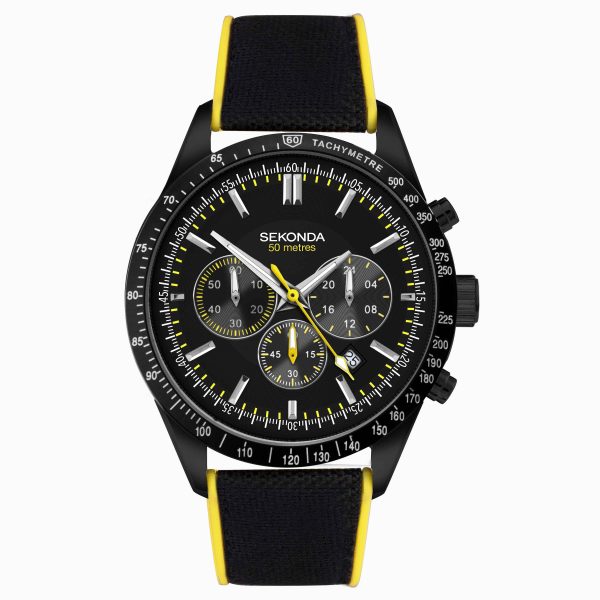 Velocity Chronograph Men’s Watch  –  Black Stainless Steel Case & Black Canvas Strap with Black Dial