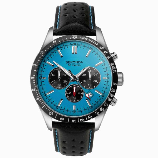 Velocity Chronograph Men’s Watch  –  Stainless Steel Case & Black Leather Strap with Blue Dial