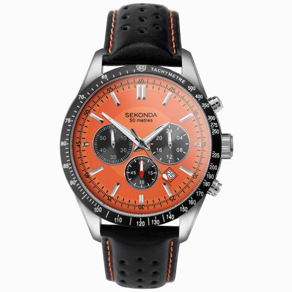 Velocity Chronograph Men’s Watch  –  Stainless Steel Case & Black Leather Strap with Orange Dial