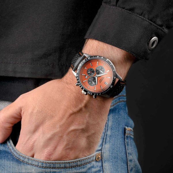 Velocity Chronograph Men’s Watch  –  Stainless Steel Case & Black Leather Strap with Orange Dial 3