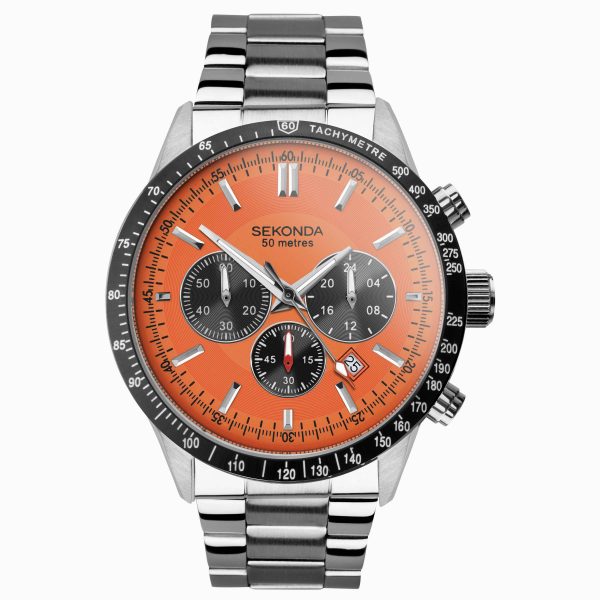 Velocity Chronograph Men’s Watch  –  Stainless Steel Case & Bracelet with Orange Dial