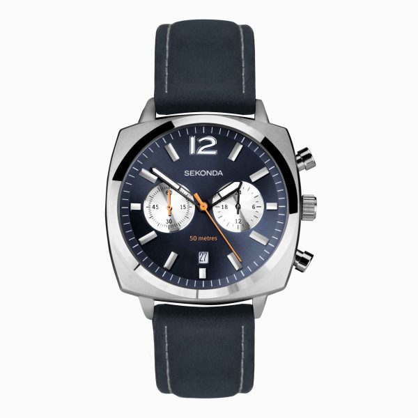 Airborne Men’s Chronograph Watch  –  Silver Case & Blue Leather Strap with Blue Dial