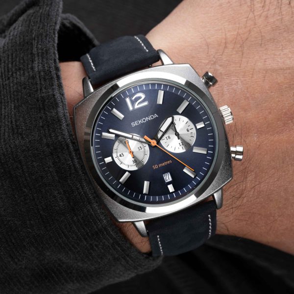 Airborne Men’s Chronograph Watch  –  Silver Case & Blue Leather Strap with Blue Dial 5