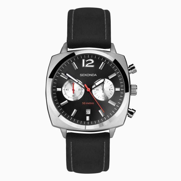 Airborne Men’s Chronograph Watch  –  Silver Case & Black Leather Strap with Black Dial