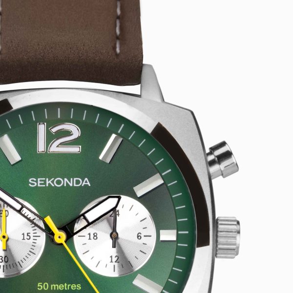 Airborne Men’s Chronograph Watch  –  Silver Case & Brown Leather Strap with Green Dial 4