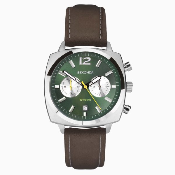 Airborne Men’s Chronograph Watch  –  Silver Case & Brown Leather Strap with Green Dial